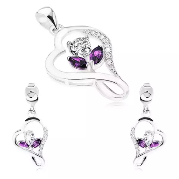 925 ezüst szett, fülbevaló és medál, szív kontúr, cirkóniás virág