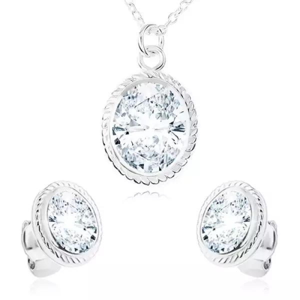 Nyakék és fülbevaló, 925 ezüst, átlátszó cirkóniás ovális, rovátkolt keret