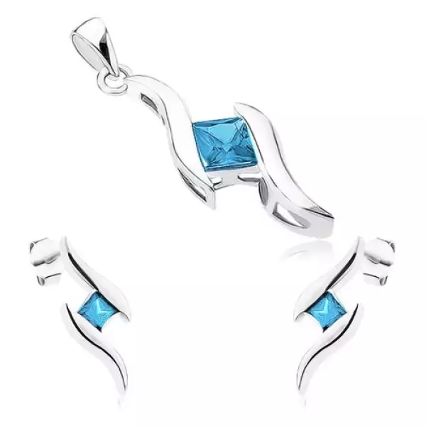 925 ezüst szett - medál és fülbevaló, két fényes hullám, kék cirkóniás négyzet