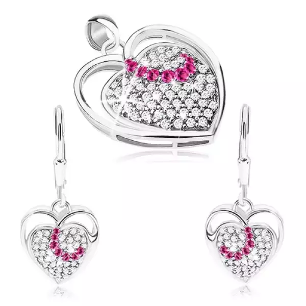 925 ezüst szett, fülbevaló és medál, szív körvonal, szív cirkóniákkal