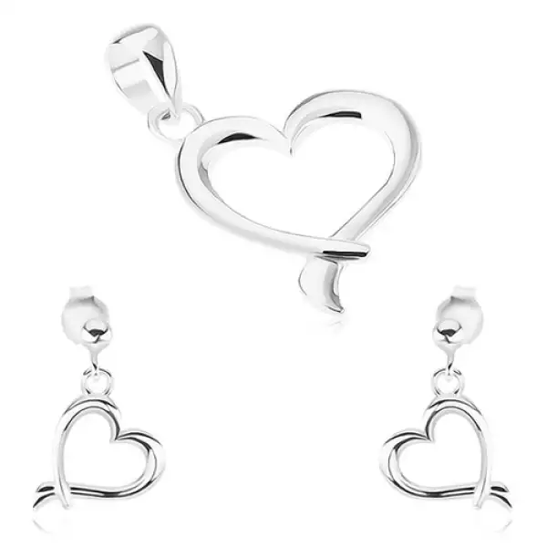 925 ezüst szett - fülbevaló, medál, szív körvonal keresztezett vonalakkal