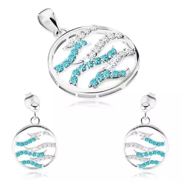 925 ezüst szett, fülbevaló és medál, kör, átlátszó és kék cirkóniás hullámok