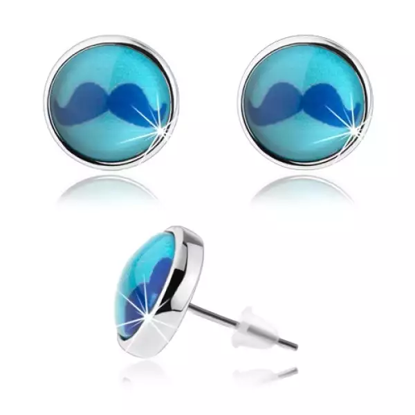 Bedugós cabochon fülbevaló, kidomborodó üveg, kék bajusz