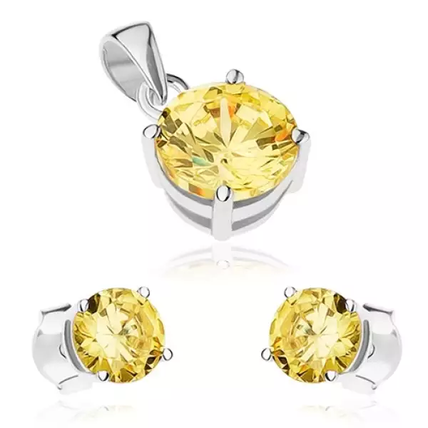 Szett fülbevalóból és medálból, 925 ezüst, kerek világossárga cirkónia