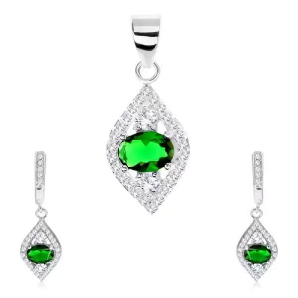 925 ezüst készlet - medál és fülbevaló, hegyes búzaszem, zöld ovális - cirkónia