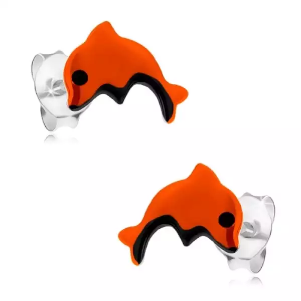 Fülbevaló 925 ezüstből, ugró delfin narancs színben, fekete részletek