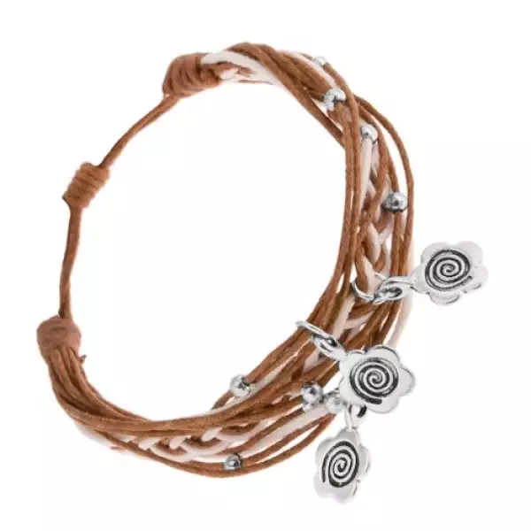 Fonott karkötő zsinórokból, állítható hossz, medálok - virágok, spirál