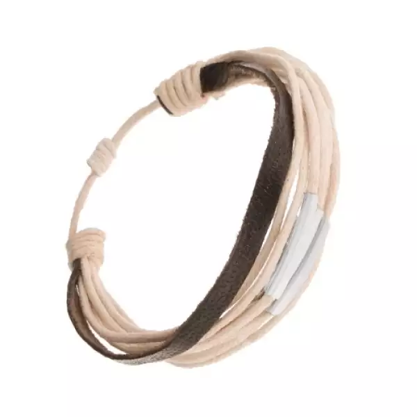 Állítható zsinóros karkötő, bézs és fekete színű, acéltábla