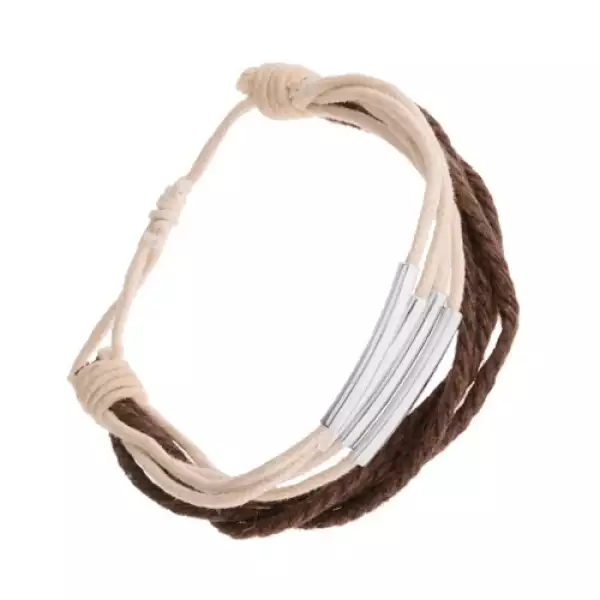 Állítható karkötő zsinórból, fehér és barna árnyalatban, acélcsövek
