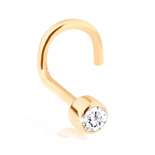 14K sárga színű arany orrpiercing, hajlított - átlátszó cirkónia fényes aljzatban