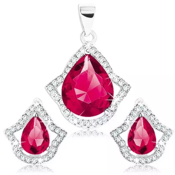 925 ezüst szett - medál és fülbevaló, pirosasrózsaszín könnycsepp átlátszó körvonalban