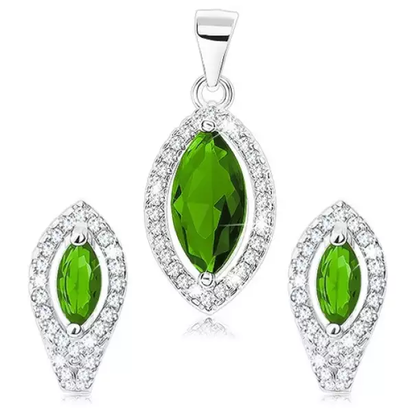 Szett 925 ezüstből, medál és fülbevaló, zöld búzaszem cirkónia, átlátszó kontúrral