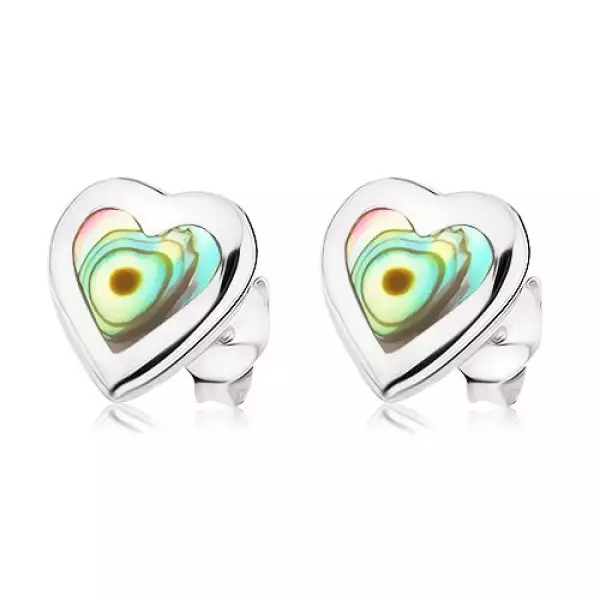Bedugós fülbevaló, 925 ezüst, szimmetrikus szív Paua kagylóval