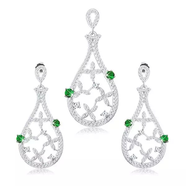 Szett medálból és fülbevalóból, 925 ezüst, cseppkörvonal, zöld cirkóniák, átlátszó virágok