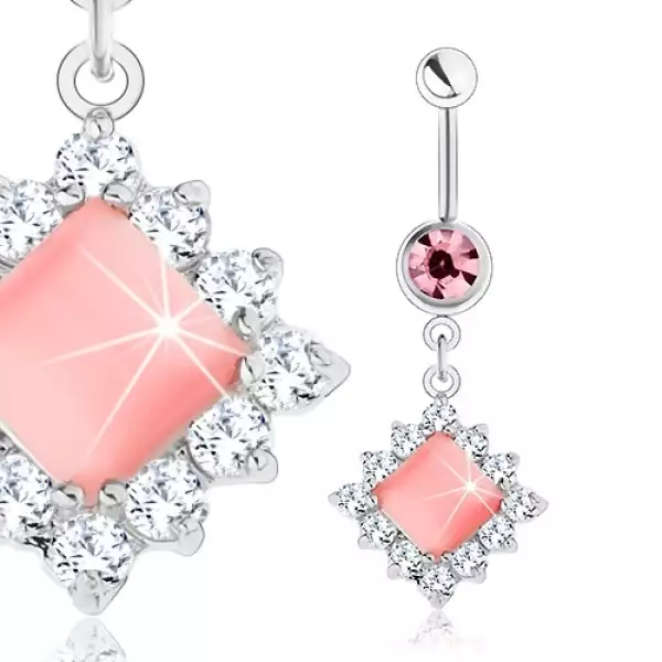 316L acél köldökpiercing, ezüst szín, rózsaszín négyzet, átlátszó cirkóniák