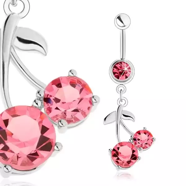 316L acél köldökpiercing, ezüst árnyalat, rózsaszín cseresznye, fényes levelek