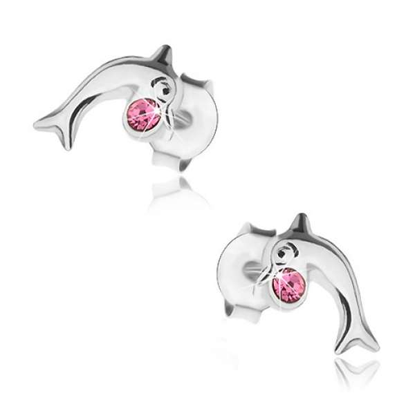 925 ezüst fülbevaló, fényes ugró delfin rózsaszín Swarovski kristállyal