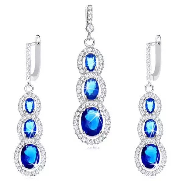 925 ezüst szett fülbevalóból és medálból - sötétkék cirkónia átlátszó szegéllyel