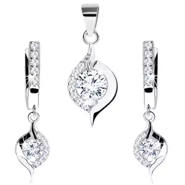 925 ezüst szett medálból és fülbevalóból, csepp kerek átlátszó cirkóniával