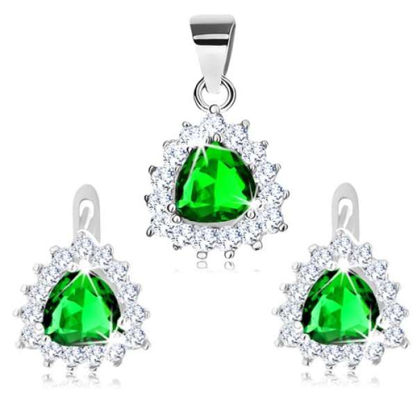925 ezüst szett medál és fülbevaló, zöld cirkónia háromszög szegélyben
