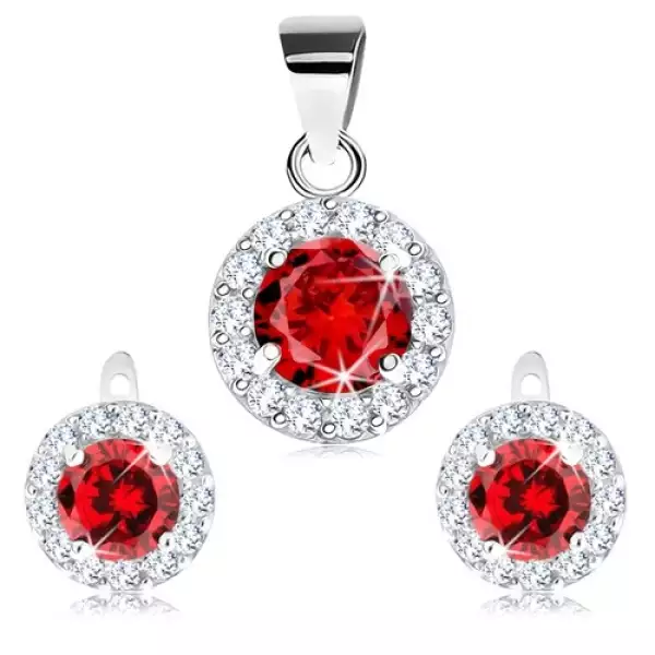 925 ezüst szett fülbevalóból és medálból, csiszolt piros cirkónia és átlátszó szegély