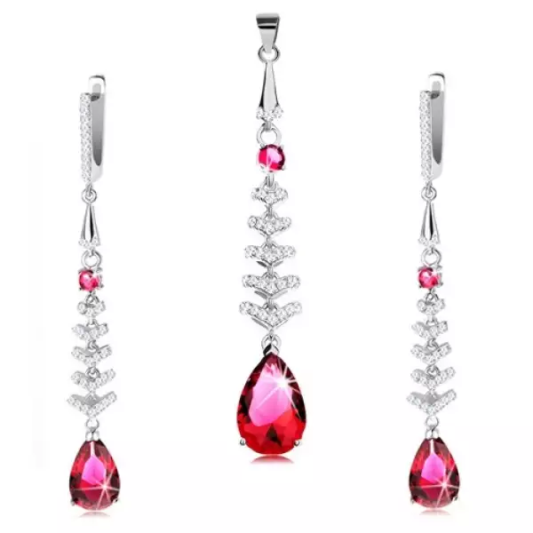 925 ezüst szett medálból és fülbevalóból, piros csepp csillogó nyilakkal