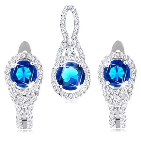 925 ezüst szett medál és fülbevaló, sötétkék cirkónia, átlátszó szegély