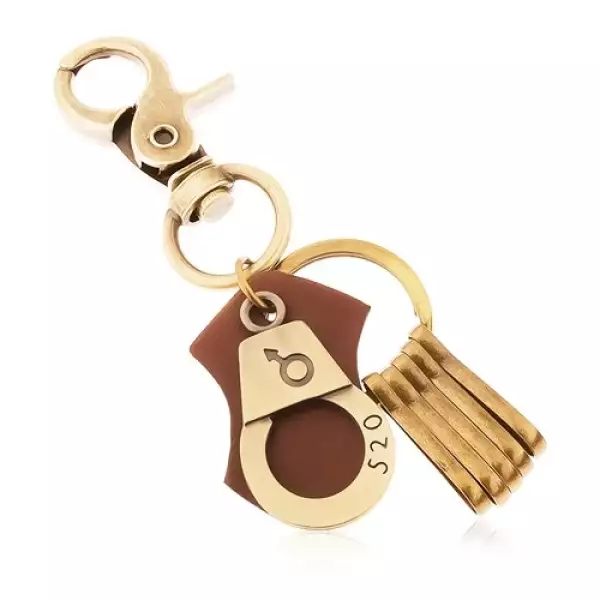 Kulcstartó sárgaréz árnyalatban, bilincs kivésett számmal és férfi szimbólummal