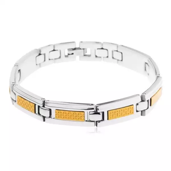 316L acél karkötő, fényes ezüst és arany színű elemek, fonott minta