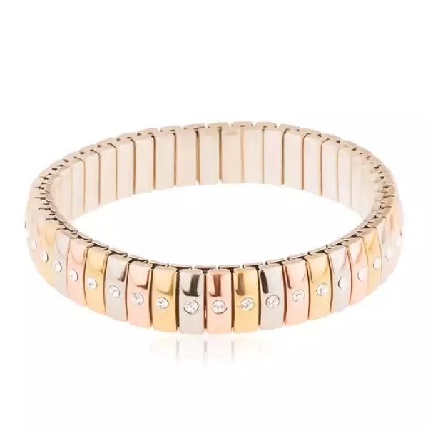 Széthúzható acél karkötő, háromszínű elemek beültetett átlátszó cirkóniával