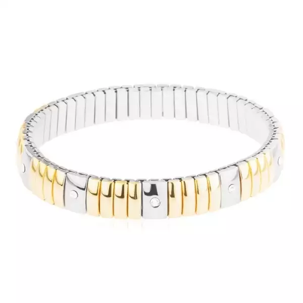 Acél karkötő arany és ezüst színben, keskeny és szélesebb téglalapok, átlátszó cirkóniák