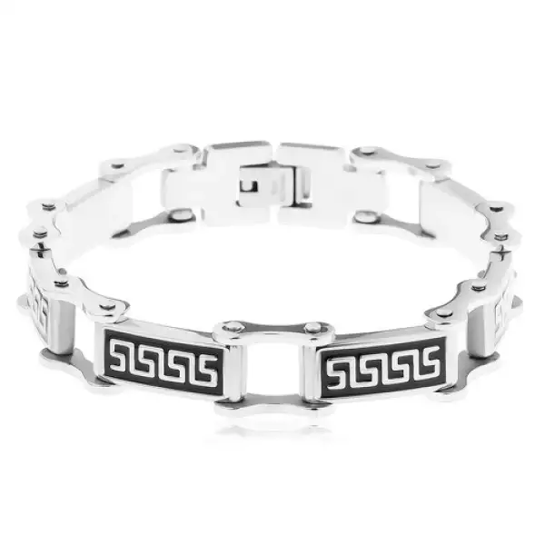 316L acél karkötő, téglalap elemek fekete fénymázzal, görög kulcs