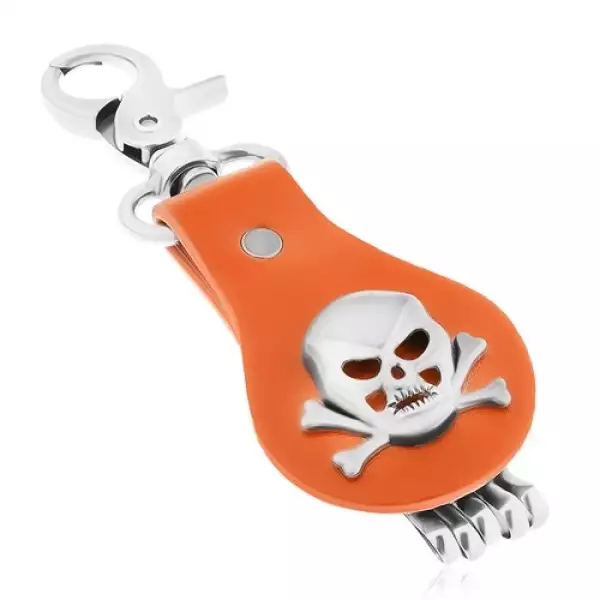 Kulcstartó acélból és barna bőrből, koponya keresztezett csontokkal