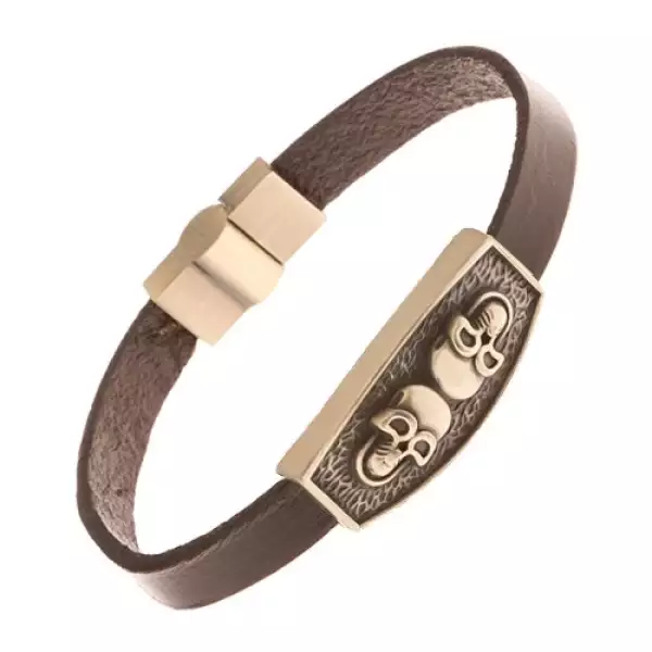 Barna bőr sáv, sárgaréz színű tábla - két koponya, fekete patina