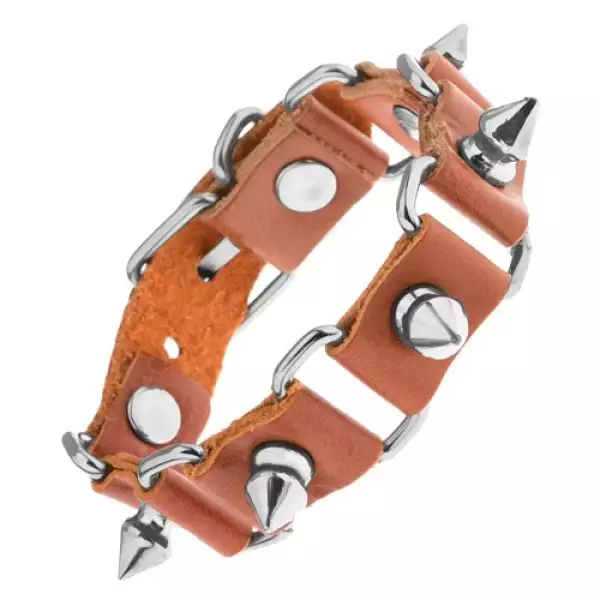 Barna színű állítható bőr karkötő, szegecsek