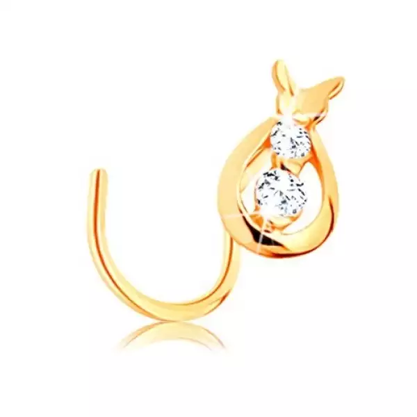 585 arany piercing, ívelt - csepp átlátszó cirkóniákkal és lepkével