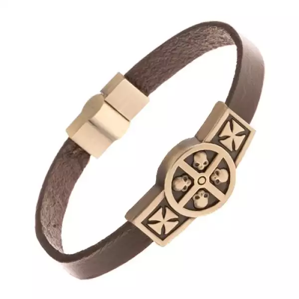Barna bőr karkötő sárgaréz színű táblával - koponya karikában, keresztek