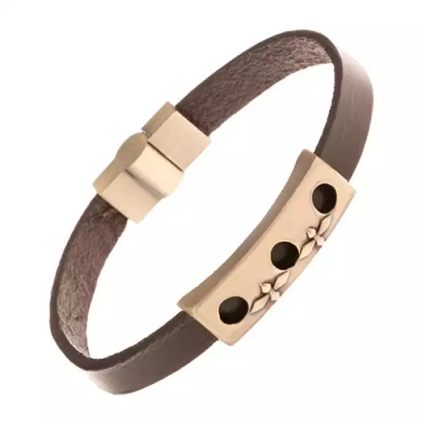 Barna bőr karkötő sárgaréz színű táblával - kerek kivágás, keresztek