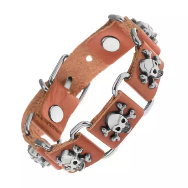 Barna karkötő szintetikus bőrből és acélból, koponya keresztezett csontokkal