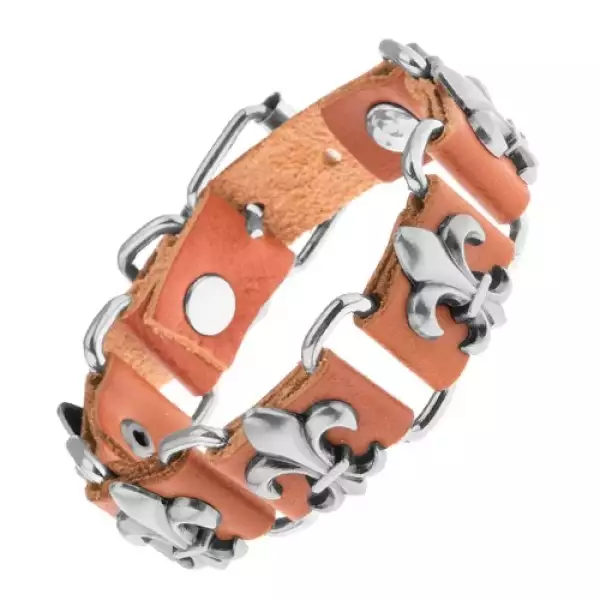 Barna karkötő műbőrből és acél oválisokból, Fleur de Lis szimbólum