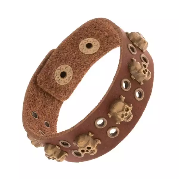 Barna műbőr karkötő, átlyukasztott, koponyák csontokkal