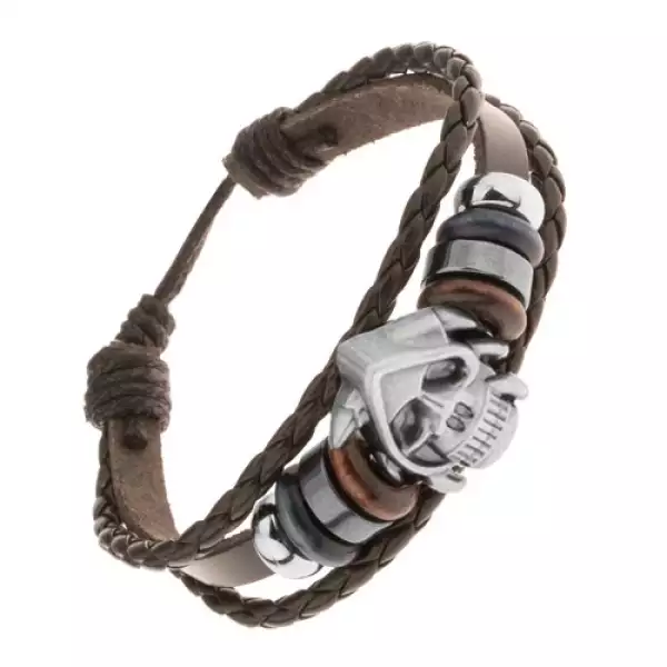 Állítható karkötő műbőr sávból, gyöngyök, koponya