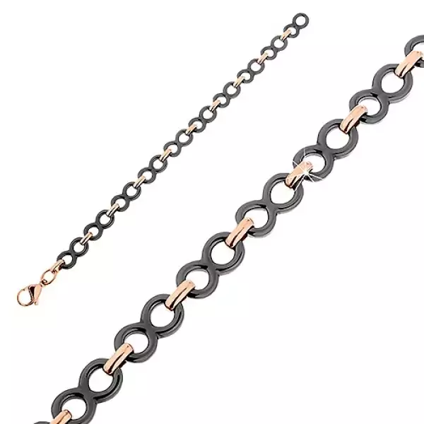 Acél-kerámia karkötő, fekete végtelen jel, ovális szemek réz színben