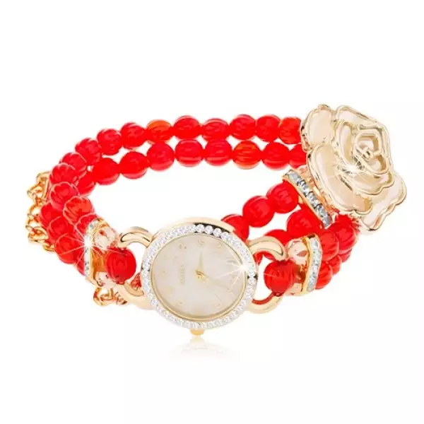 Analóg karóra, gyöngyös piros karkötő, számlap cirkóniával, fehér rózsa