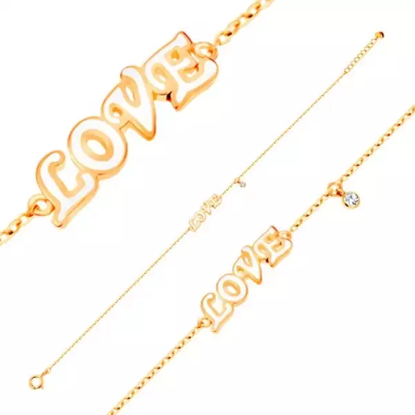 14K sárga arany karkötő, medálok - fehér fénymázas LOVE felirat és cirkónia 