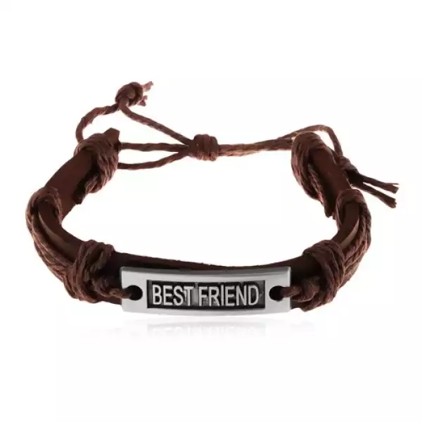 Barna karkötő műbőrből és zsinórokból, acél tábla - BEST FRIEND