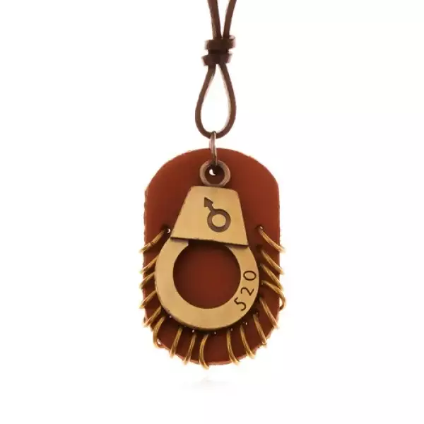 Bőr nyaklánc - állítható, bilincs számmal, barna tábla karikákkal