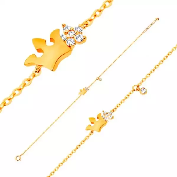 14K sárga arany karkötő - fénylő korona és átlátszó cirkóniás virág, 180 mm