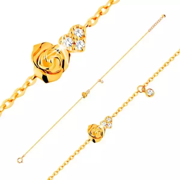 14K sárga arany karkötő - rózsa és átlátszó cirkóniás szív, 185 mm