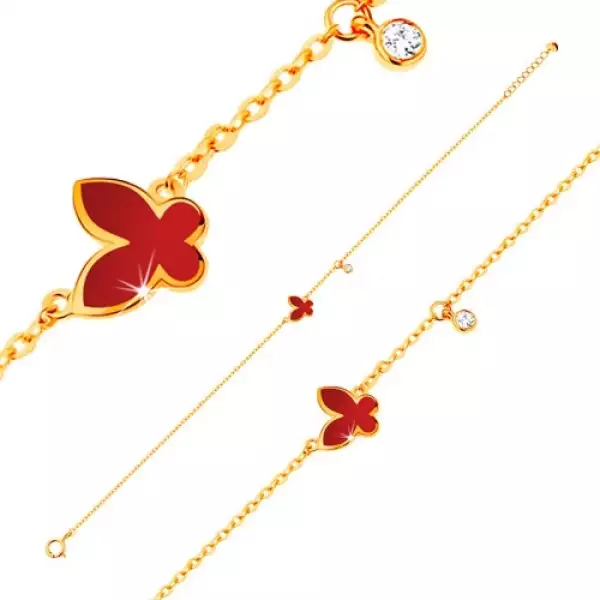 14K sárga arany karktő -piros fénymázas pillangó és átlátszó cirkónia, vékony lánc